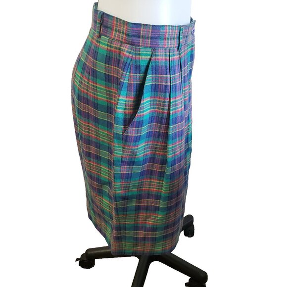 Vintage 90s Talbots Size 14 Linen Green Blue Clueless Preppy Plaid Pencil Skirt - Picture 5 of 12